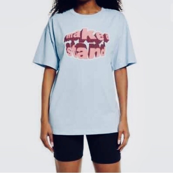 NEW BP. Nordstrom Knit Oversized Tee in Blue Cash Make A Stand Shirt Y2K Size XS - Picture 1 of 8